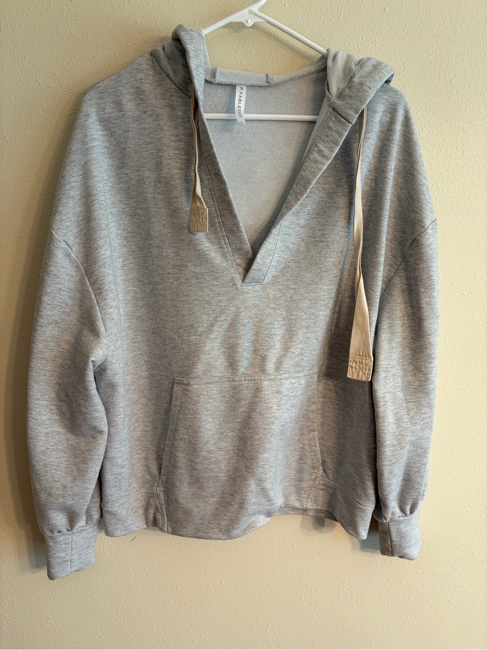 Fabletics Gray V-Neck Hoodie Sweater with Cream Drawstrings